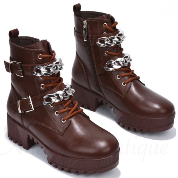 AnawatBoutique Shoes - KYRA DOUBLE CHAIN STRAP COMBAT BOOTS